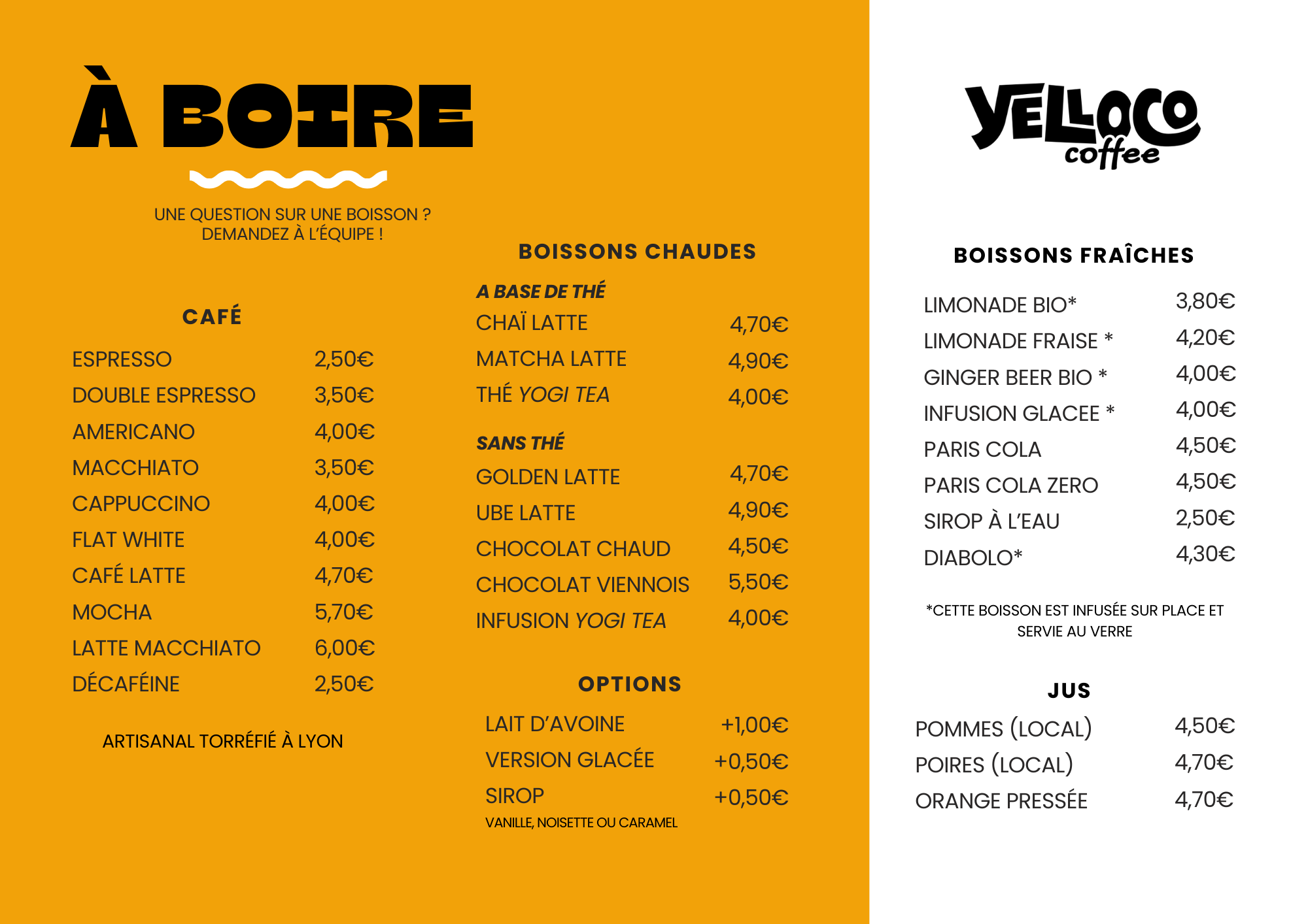 CARTE BOISSON cafe latte yelloco coffee