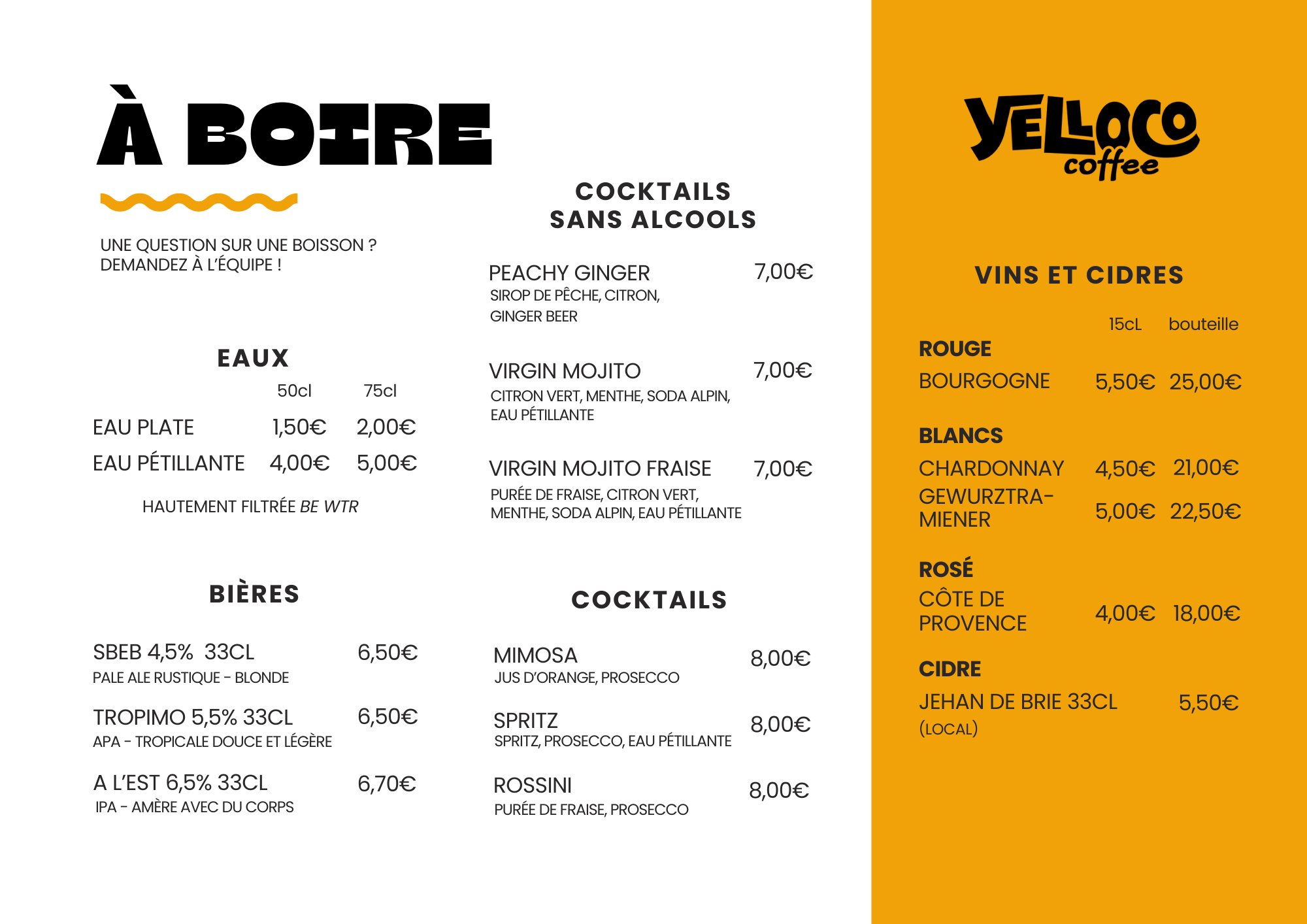 CARTE BOISSON cocktails vin yelloco coffee